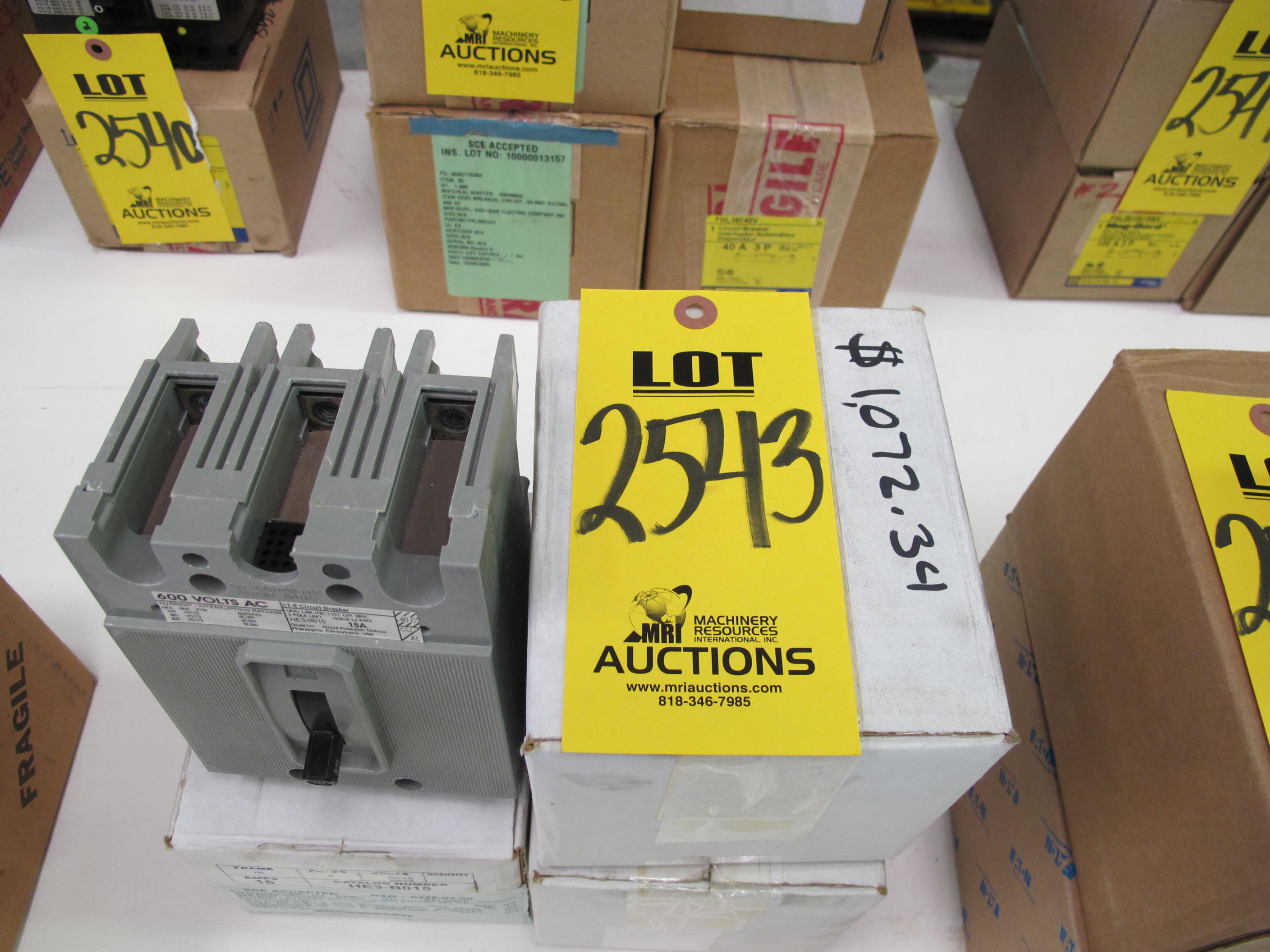 LOT (3) BREAKERS, CIRCUIT TYPE, 15 AMP RATING, 480 VOLT RATING, 3 POLE, PANEL MOUNT KIND. REPLACED BY SQUARE D FHL36015, PART # ITE (W-44) LOADING & HANDLING FEE $5-